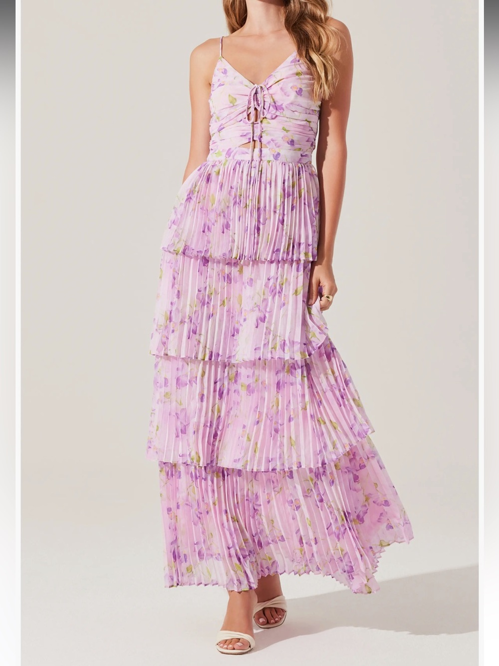 Astr Lilac Floral Tiered Maxi Dress with Tie Front